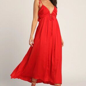 NWT Lulus Confidence Check Red Satin Tie-Back Maxi Dress